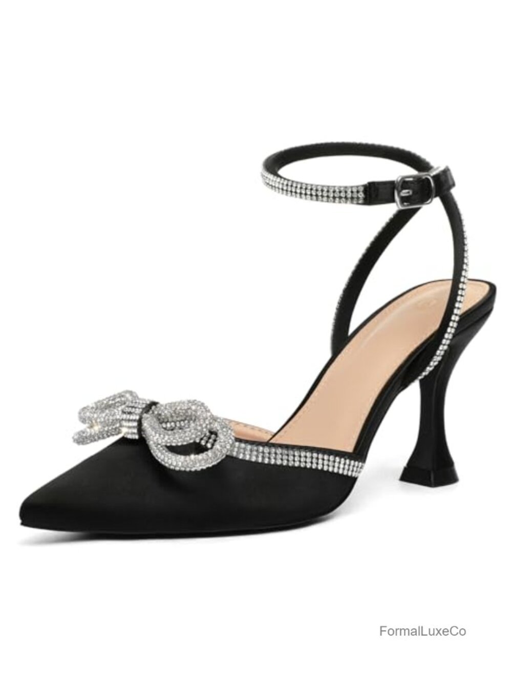 Women's Rhinestone Bow Kitten Heels Satin Pumps Formal Dress Shoes